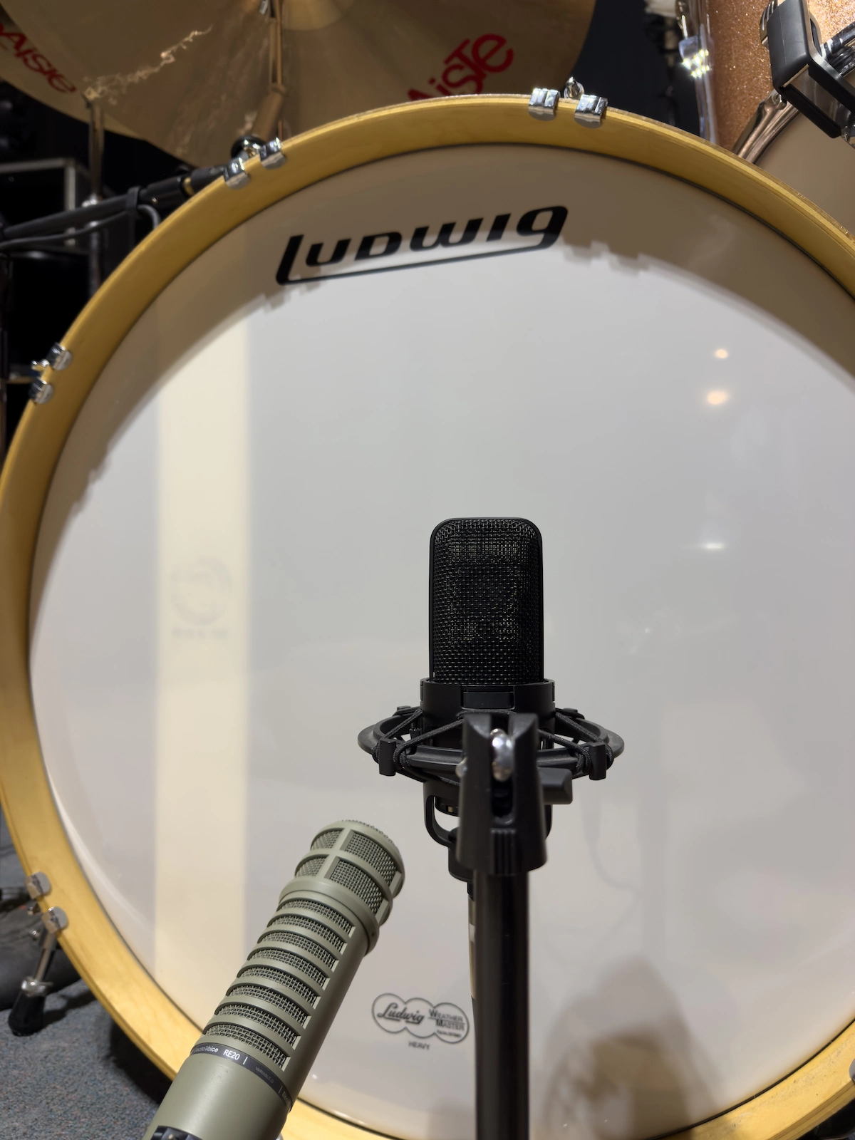 Ludwig 26-inch bass drum with unported resonant head and recording microphones